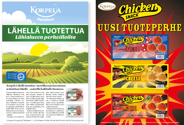 Korpela-lähellä-tuotettua-ja-Chicken-snack-mainokset